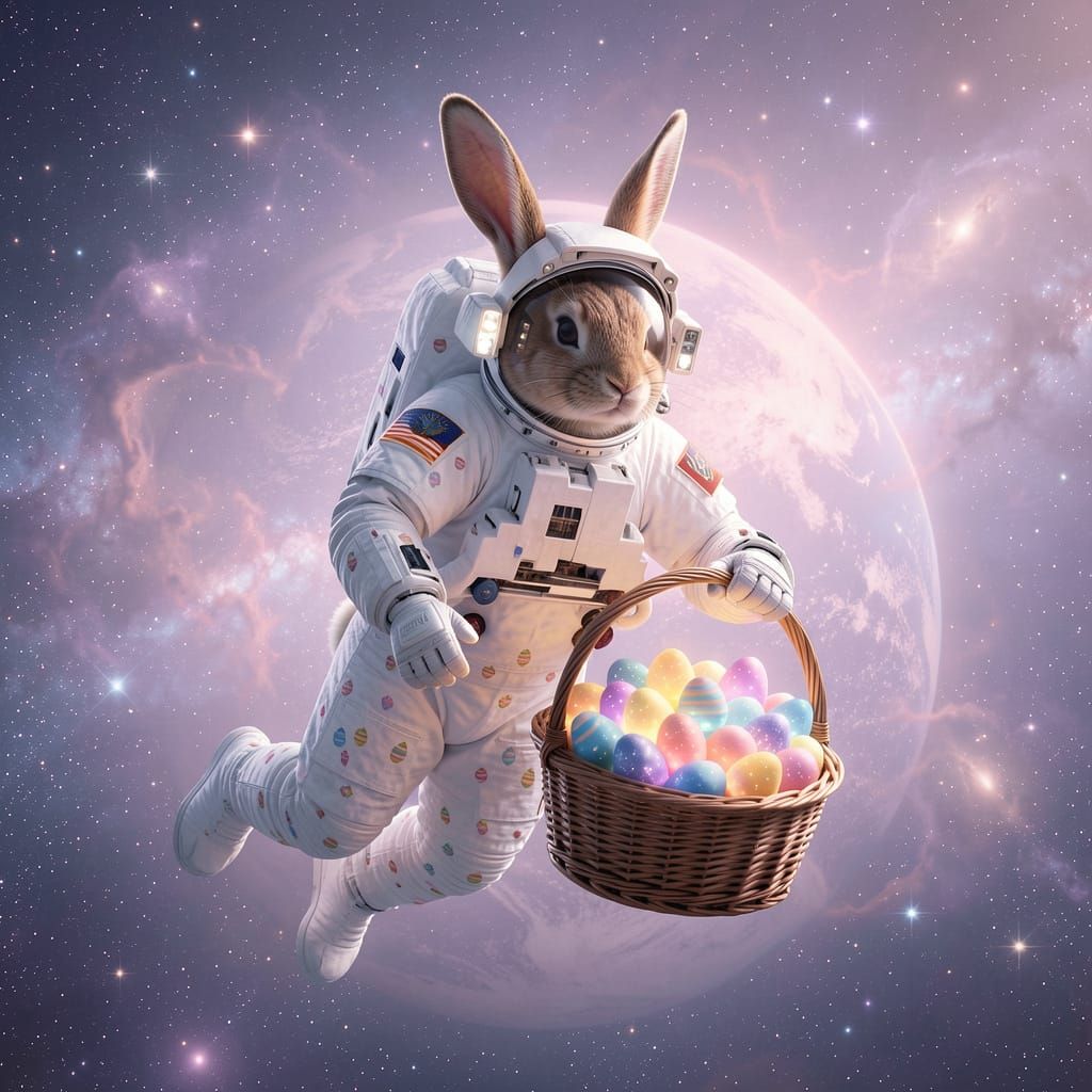 Easter Bunny Astronaut with Cosmic Eggs in Nebula