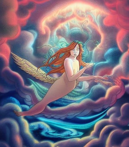 Mythical Siren Phoenix in Storm, Studio Ghibli Style