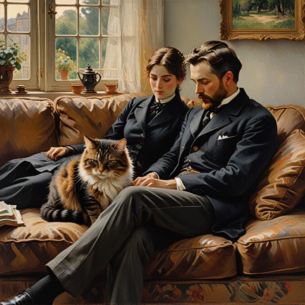 Two Men Struggling to Move Sofa Amidst a Relaxing Feline