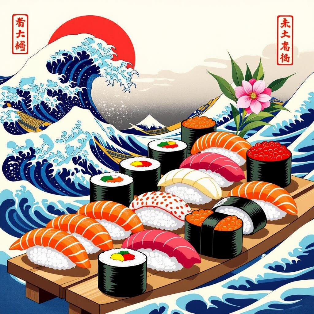 Vibrant Sushi Art: Japanese Woodblock Deco Style