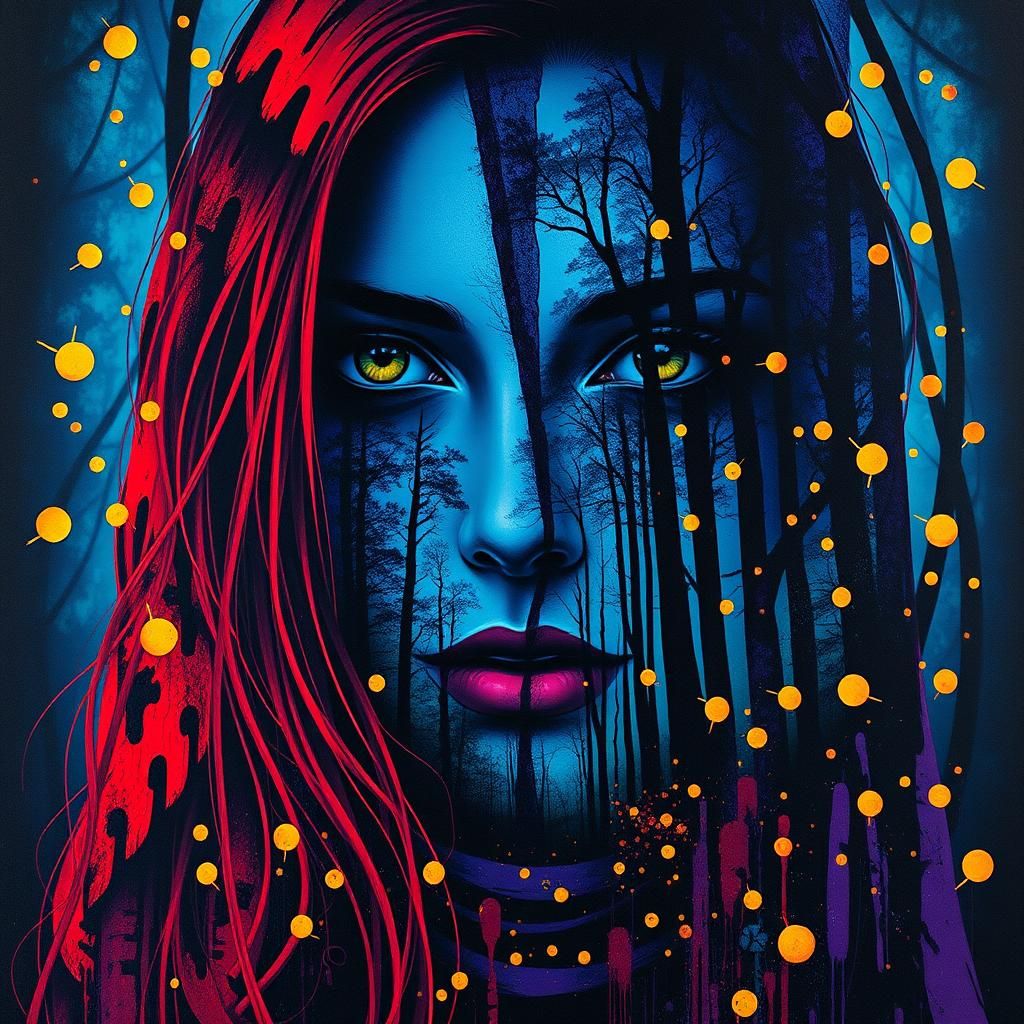 Red Haired Woman in Abstract Forest Graffiti