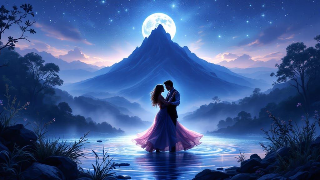 Tango Dancers Under Moonlight, Romantic Twilight Scene