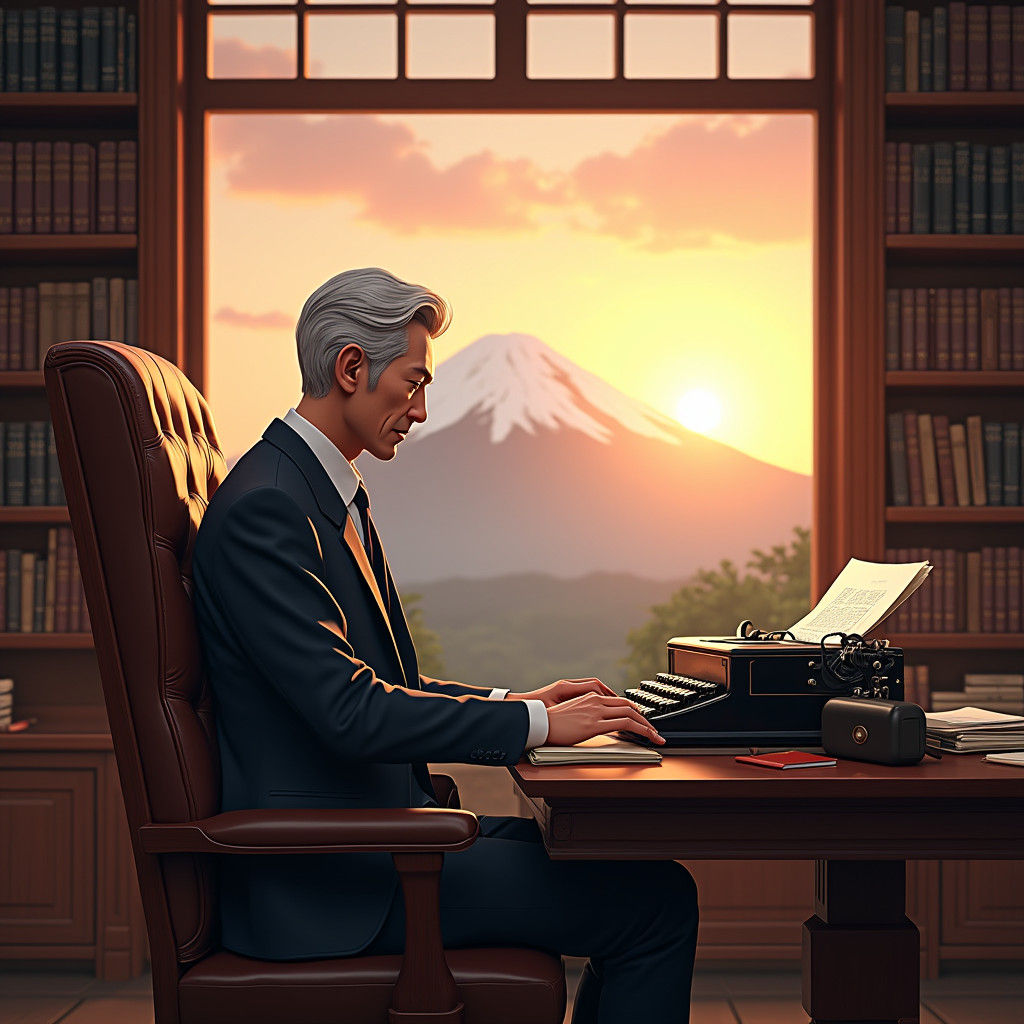 Man in Study with Mount Fuji, Digital Art