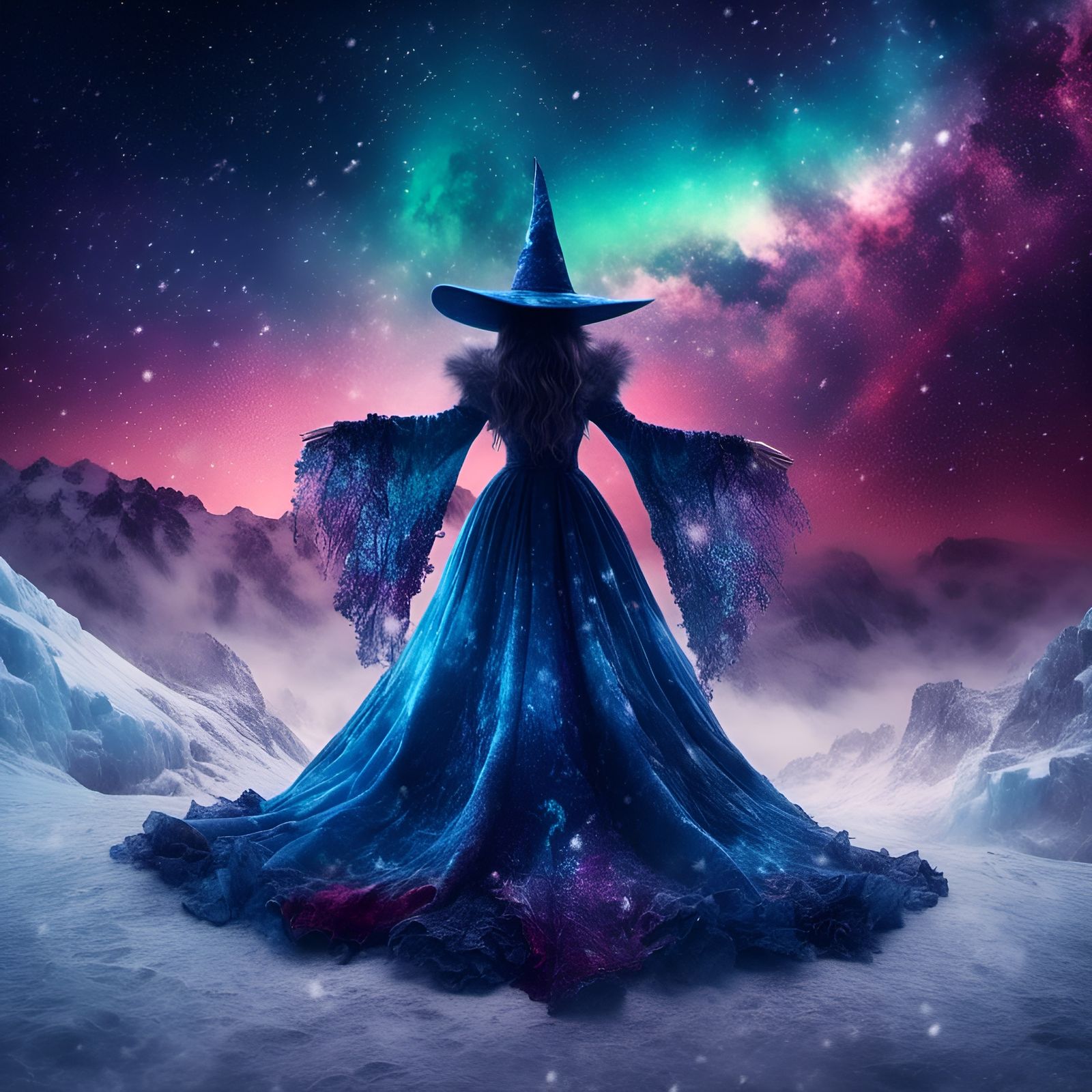 Blue Witch on Glacier Under Aurora Sky