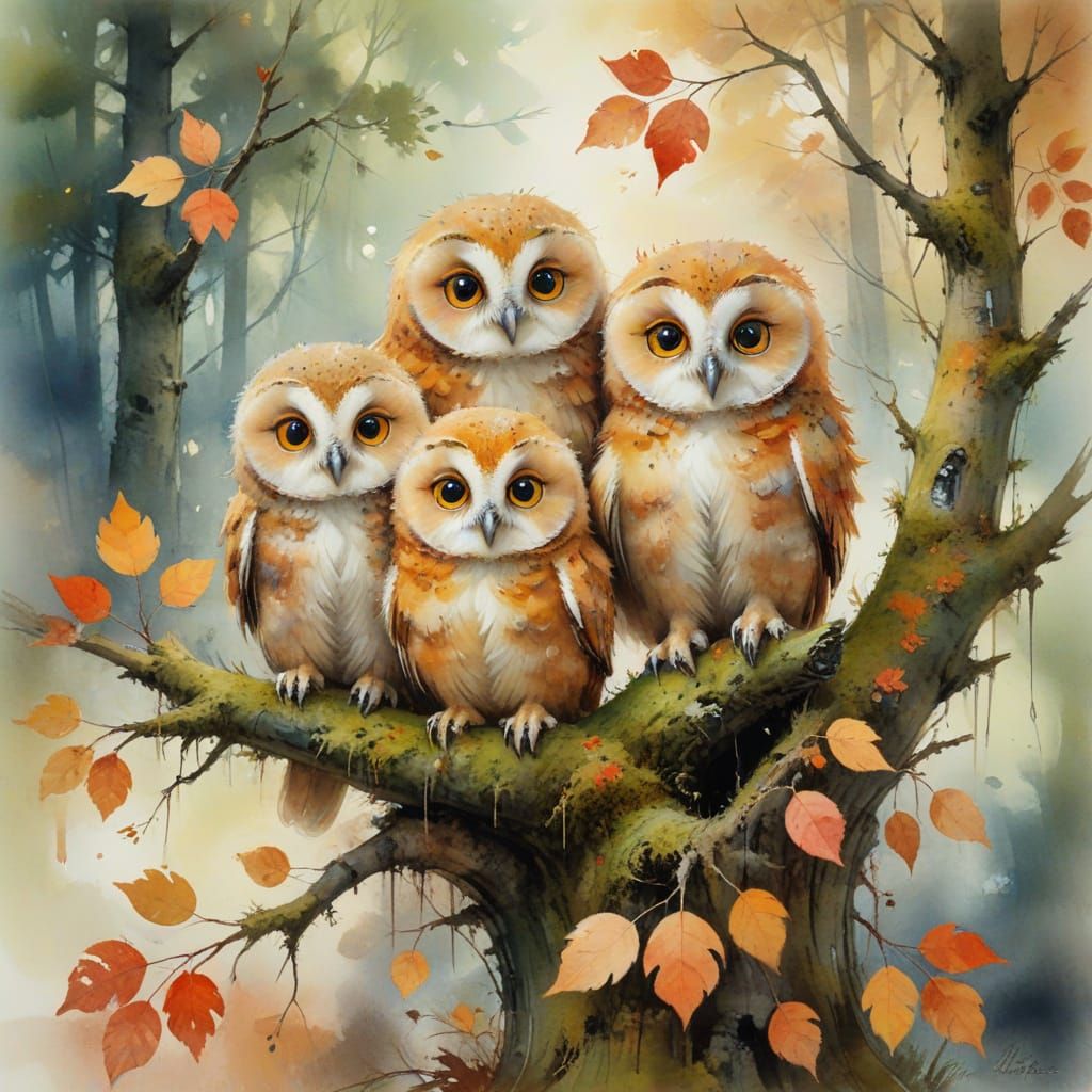Autumn Owlets: An Impressionist Watercolour Painting