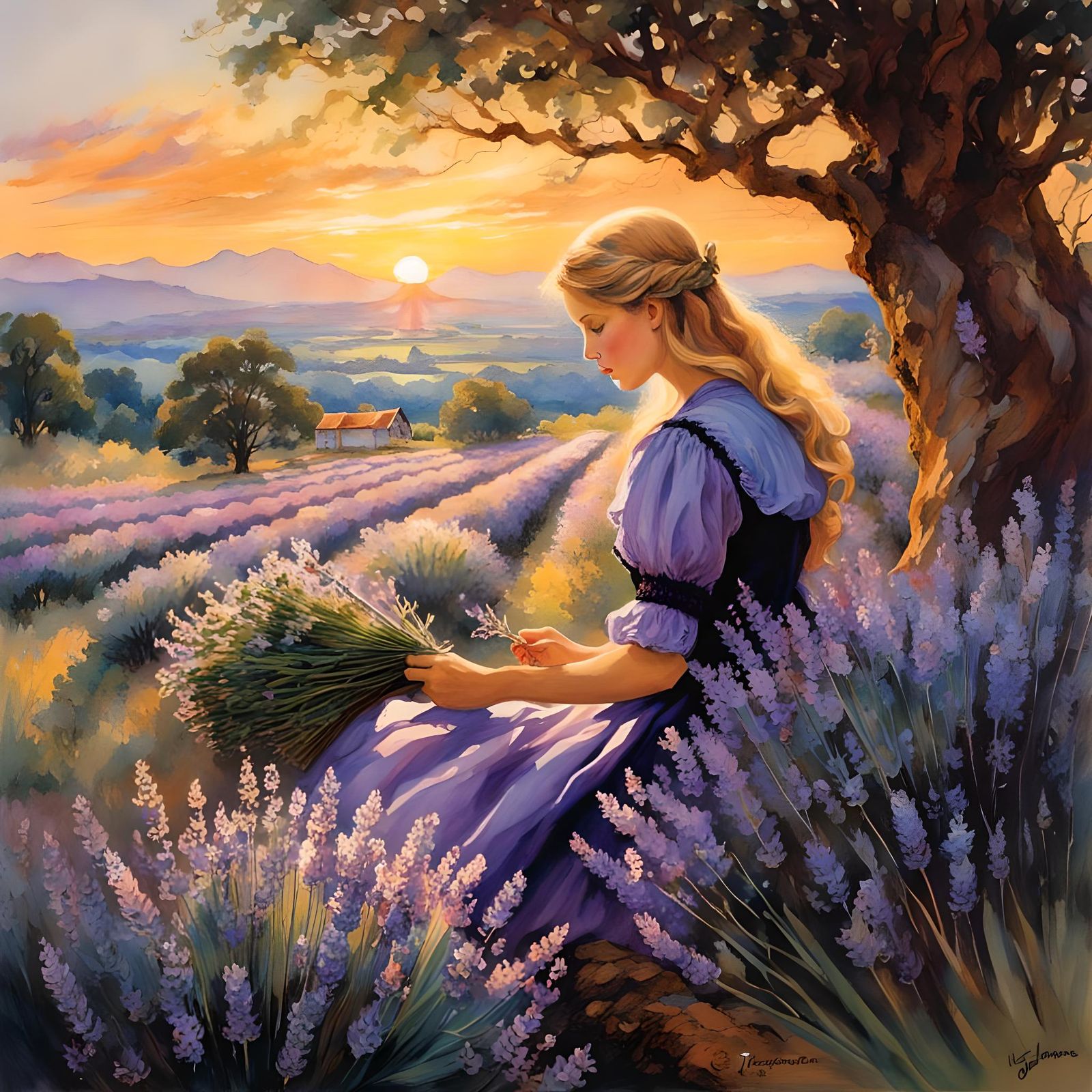Norwegian Woman Picking Lavender: Watercolor Illustration