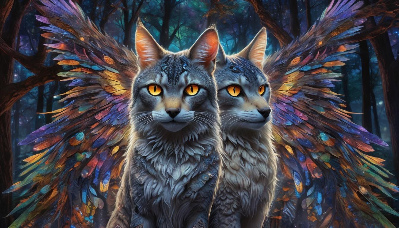 Mystical Gypsy Cat-Wolf-Owl Hybrid in Cosmic Forest