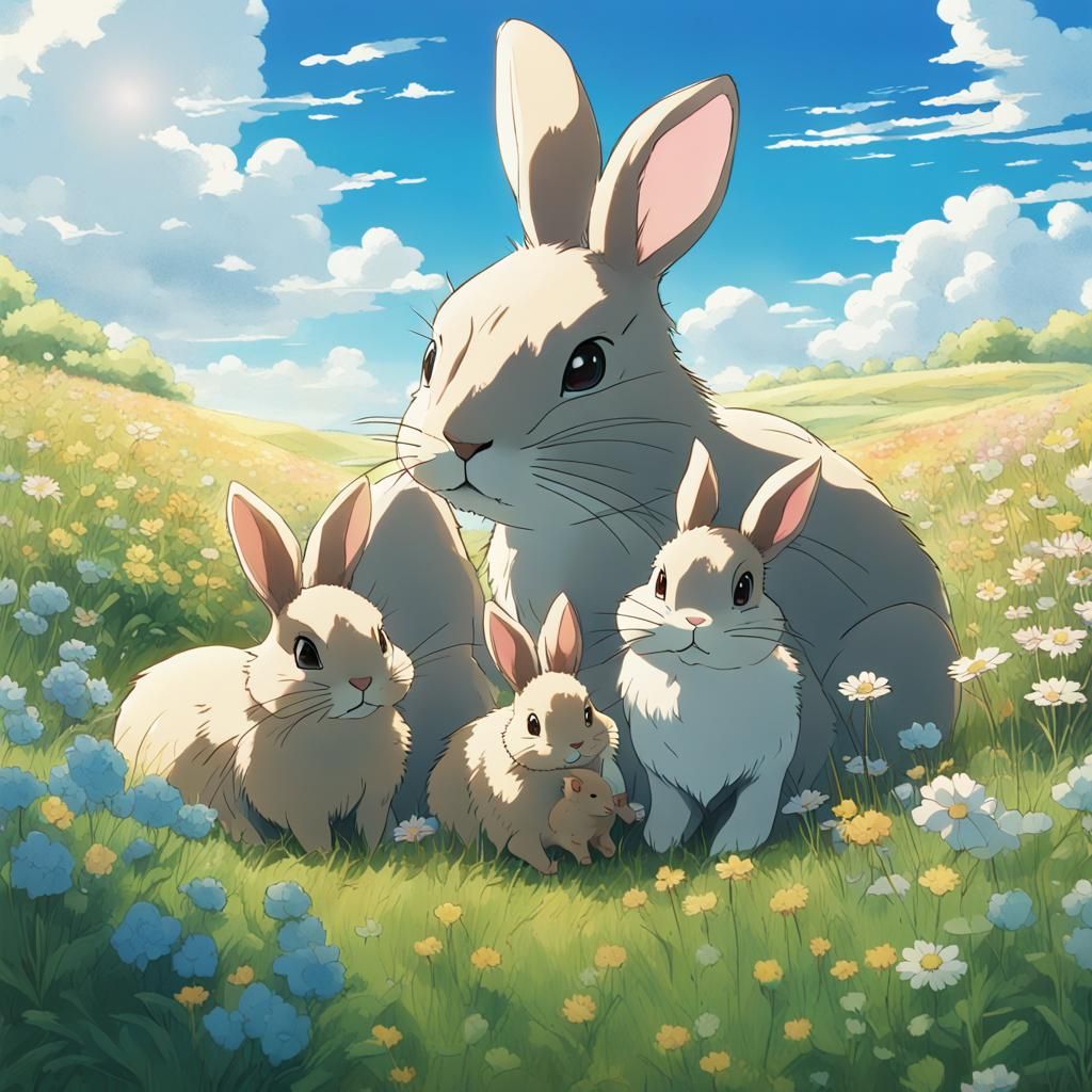 Bunny Family in Field: Studio Ghibli Anime Visual