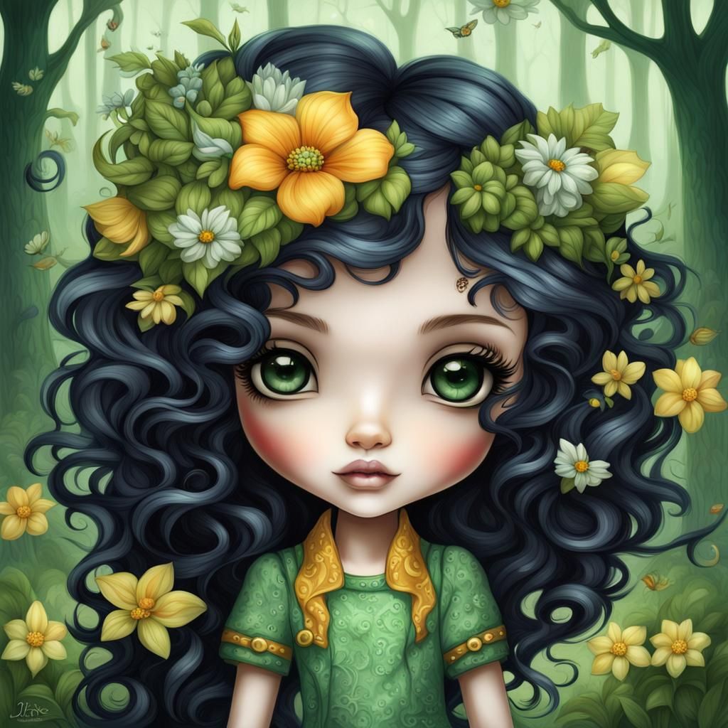 Whimsical Chibi Goddess in Woodland Bloom