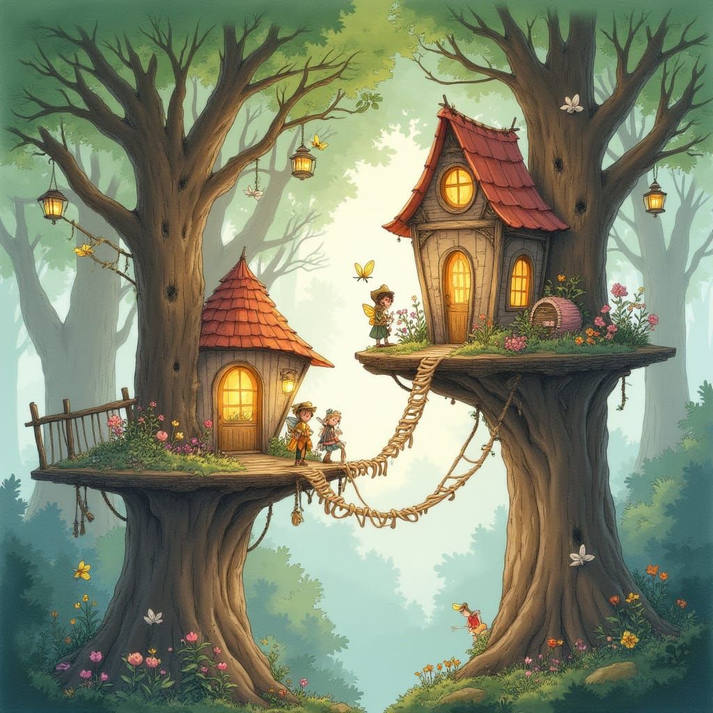 Enchanted Treehouse Village in Watercolor Style