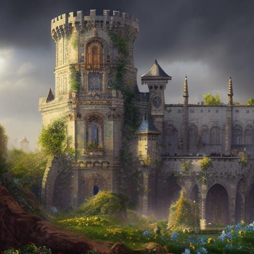 Dramatic Knight and Castle with Blue Roses