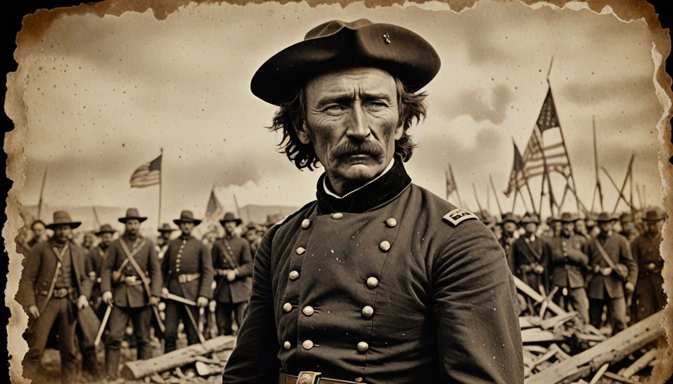 Vintage Civil War Portrait of General Custer in Worn Uniform