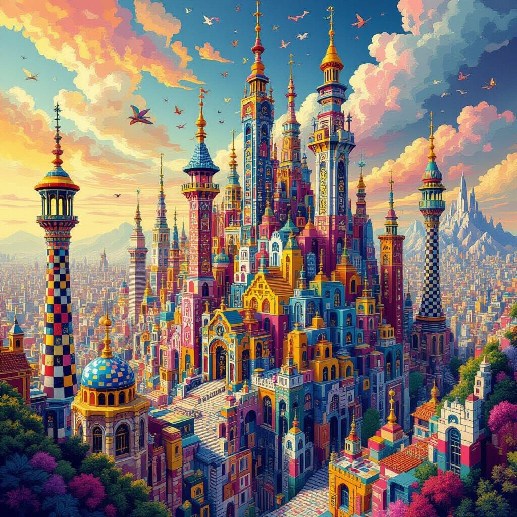 Lego Cityscape Mosaic in Surrealist Style