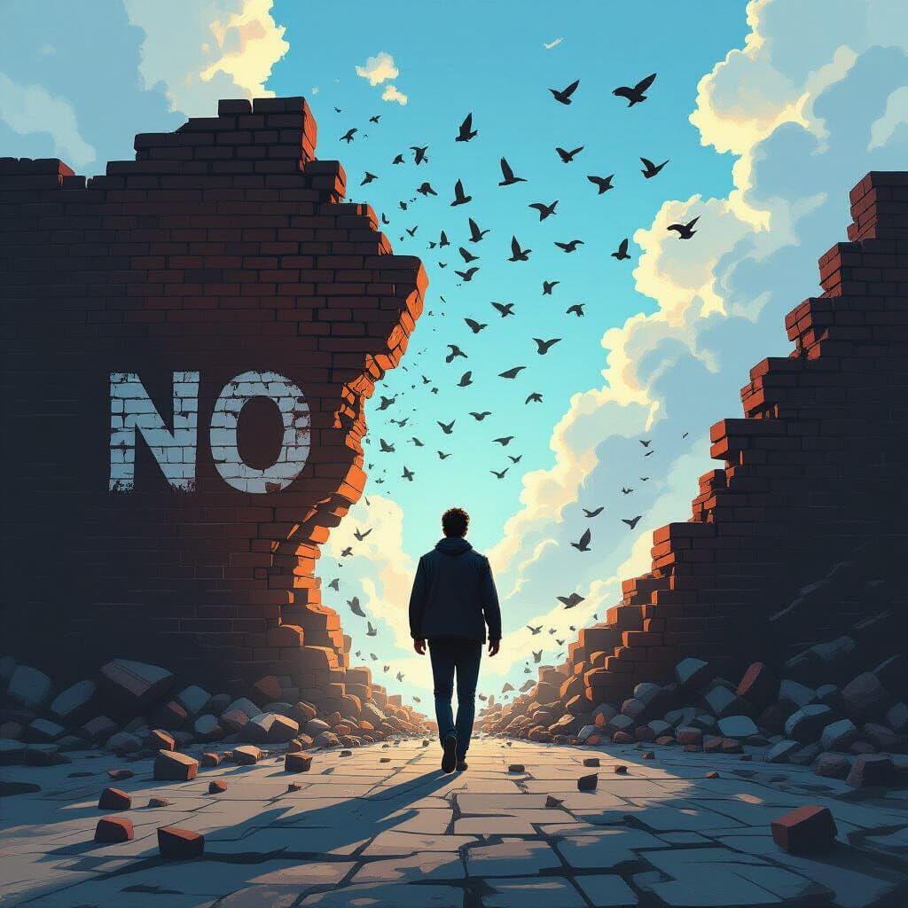 Person Breaks Through Wall of 'NO' into Bright Sky