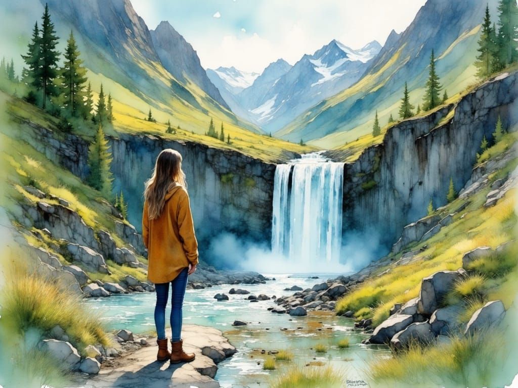 Woman at Waterfall in Whimsical Watercolor Style