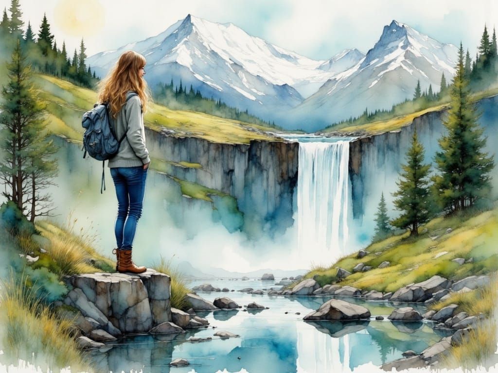 Woman by Waterfall in Watercolor Style