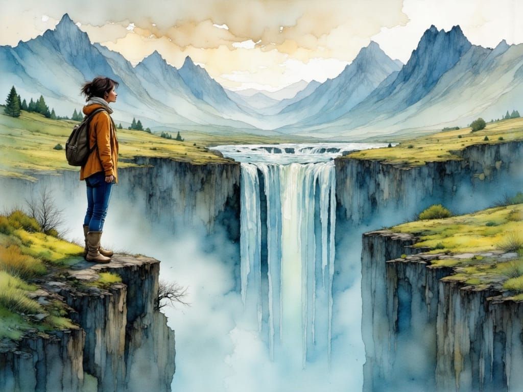 Watercolor Waterfall Scene with Hiker