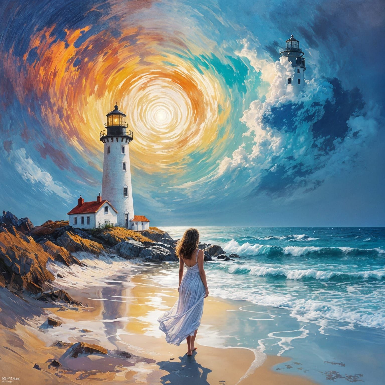 Lighthouse on Surreal Beach in Impressionistic Style