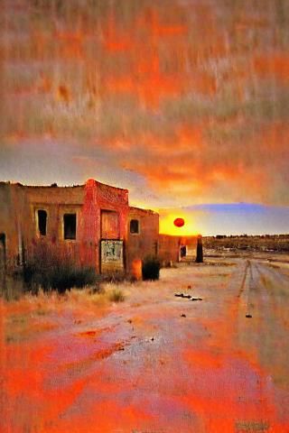 Deserted Town at Fiery Sunset in Modern Style
