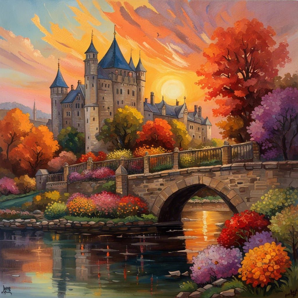 Gothic Castle City at Sunset: An Impressionist Painting
