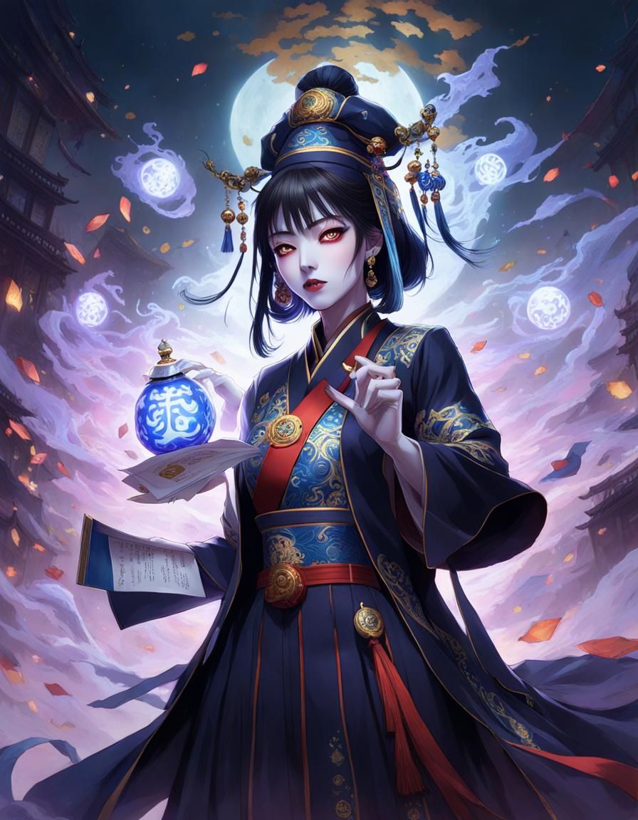 Ghostly Jiangshi with Talismans in Anime Style