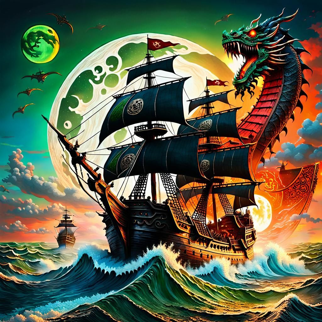 Warship and Dragon in a Hyperreal Fantasy Scene