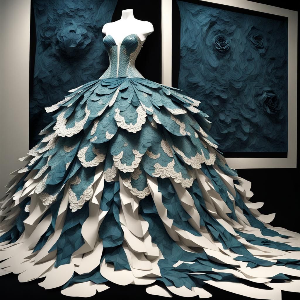 Paper Collage Fine Art :: Alexander McQueen Full Length Evening  Gown :: Dark Blue Turquoise Paper   :: 3d Layers :: 3d ...