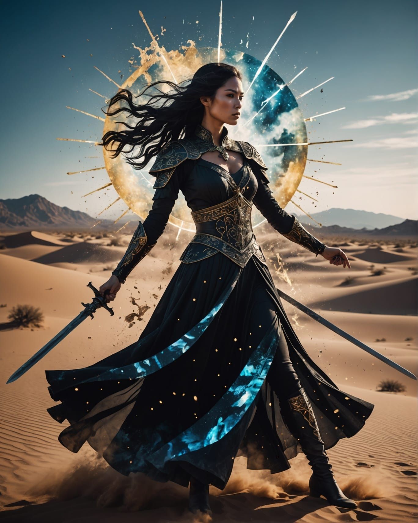 Warrior Woman in Steampunk Desert City Double Exposure