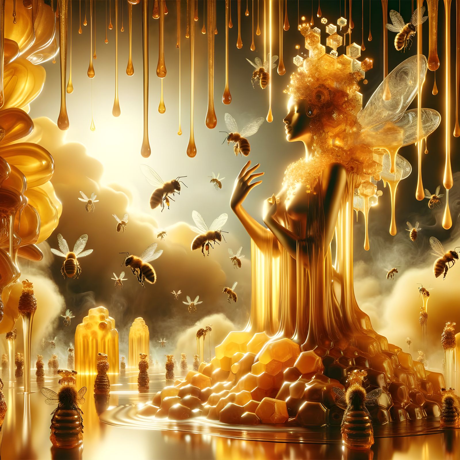 Golden Goddess Amidst Melting Honey Landscape