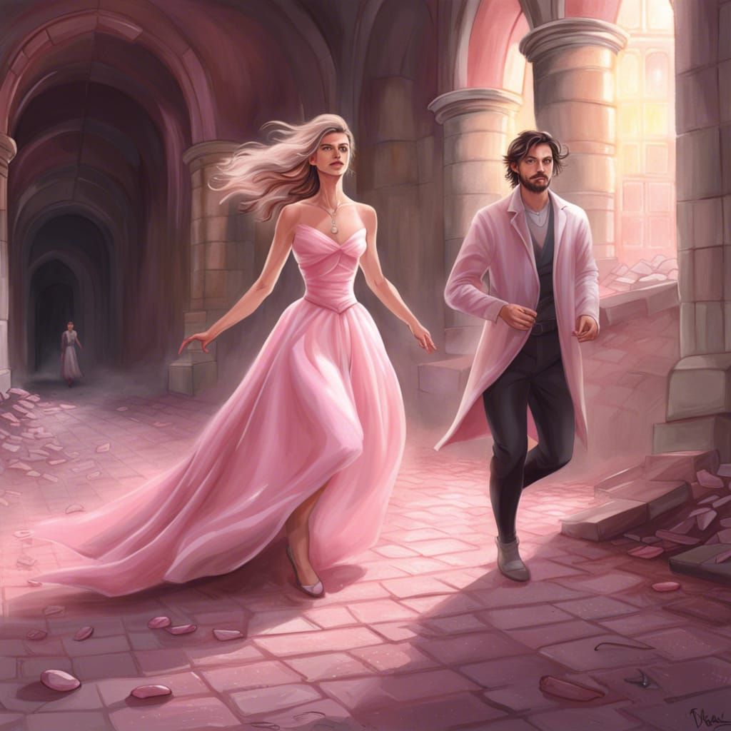 Girl Escaping Villain in Castle, Digital Art