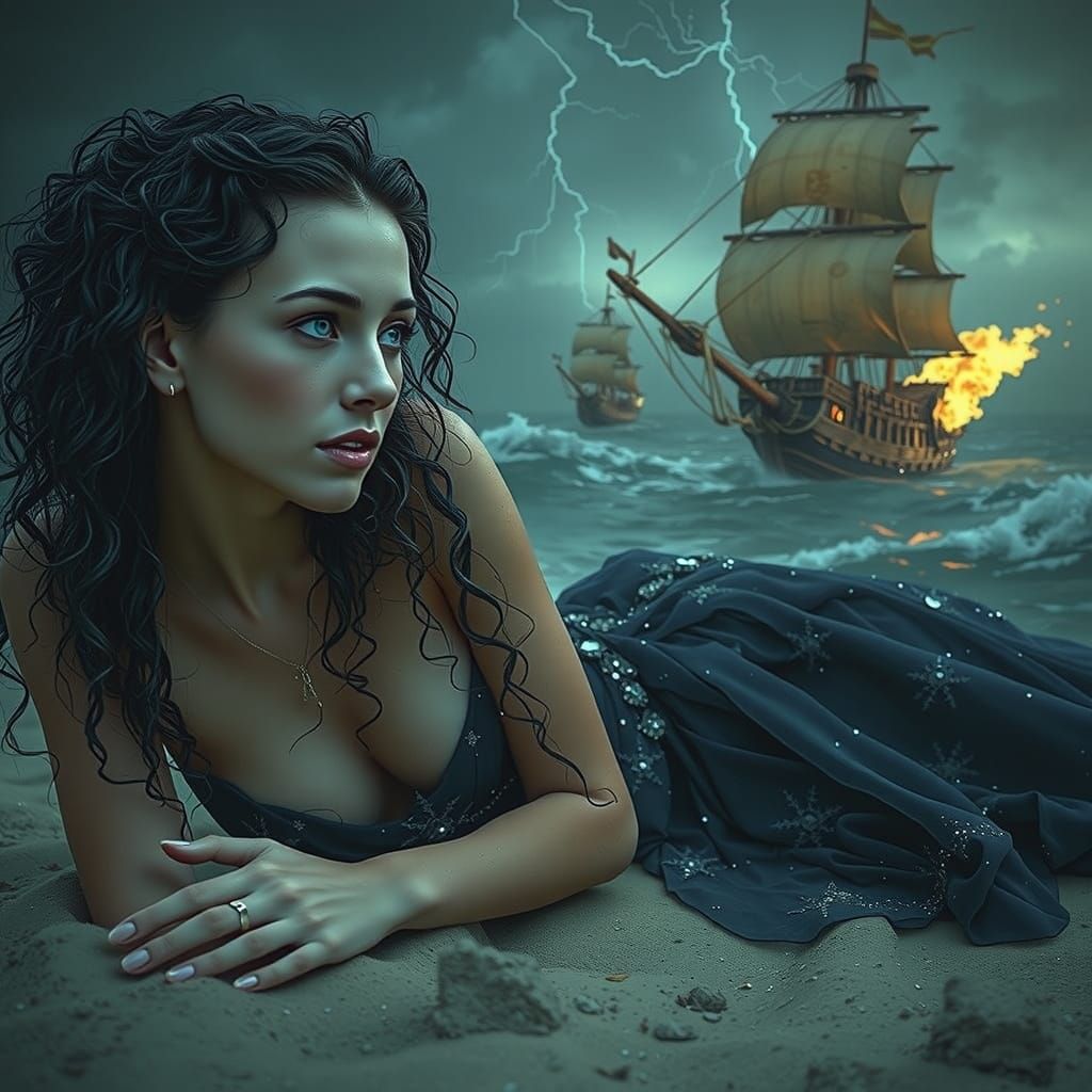 Dark Fantasy Elf on Stormy Beach