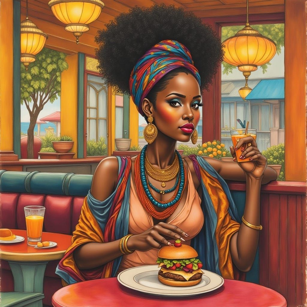 Boho African Woman Enjoys Diner Meal in Watercolor