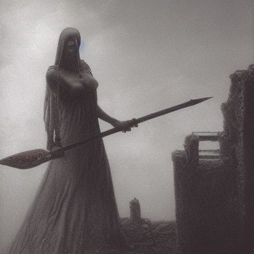 Cyberpunk Warrior in Ruined Mansion