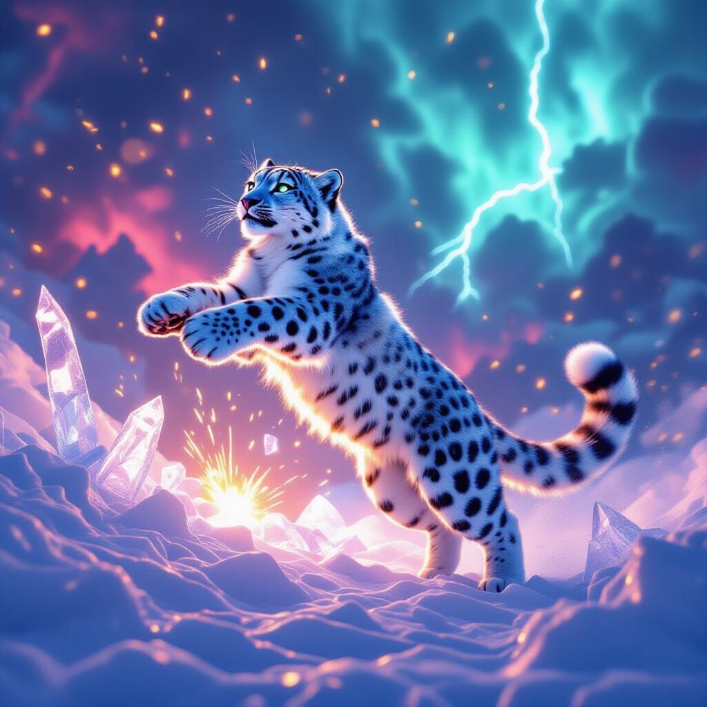 Snow Leopard Leaps Skyward with Glowing Fur