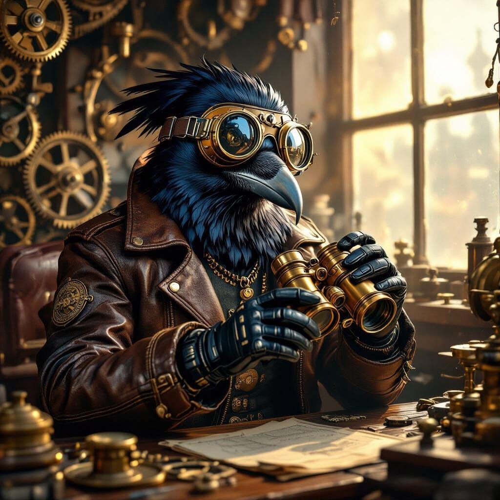 An elderly steampunk raven, clad in aviator goggles and a leather bomber jacket, polishes a pair of brass binoculars in ...