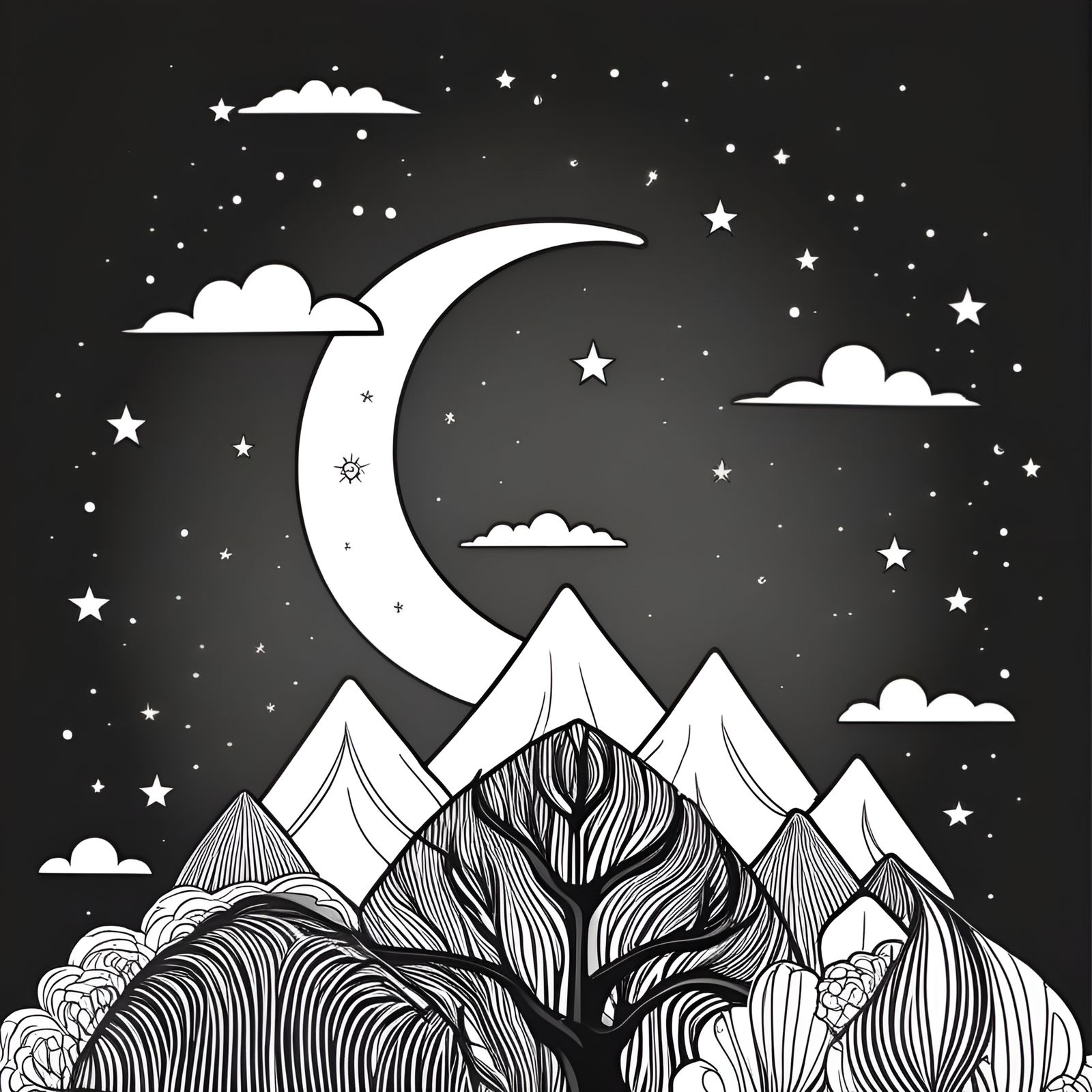 Monochrome Starry Sky Line Art Illustration