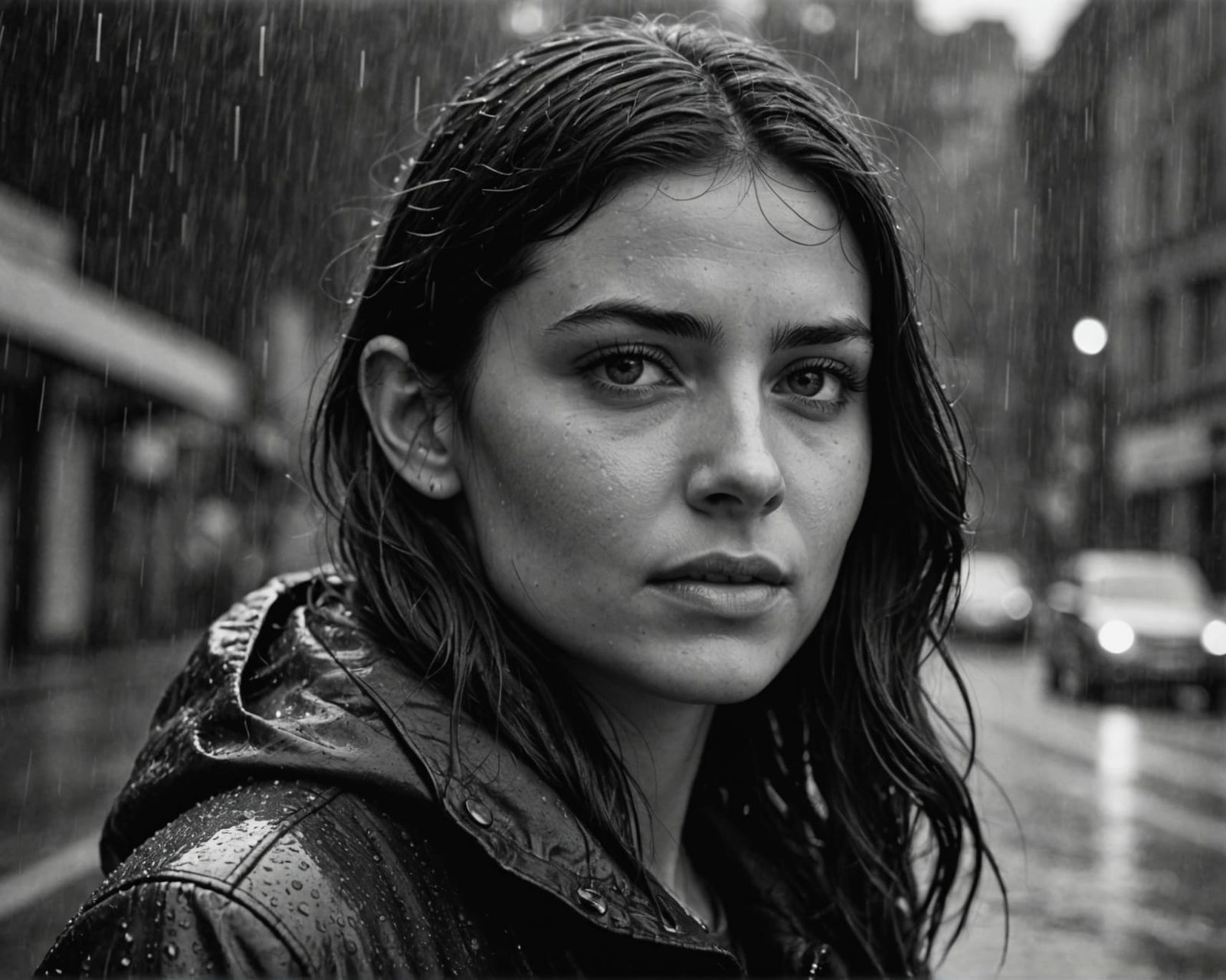 Monochrome Portrait of Woman in Pouring Rain