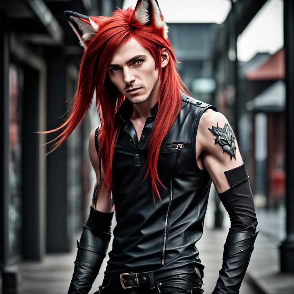 Hyperrealistic Emo Fox Boy in Leather