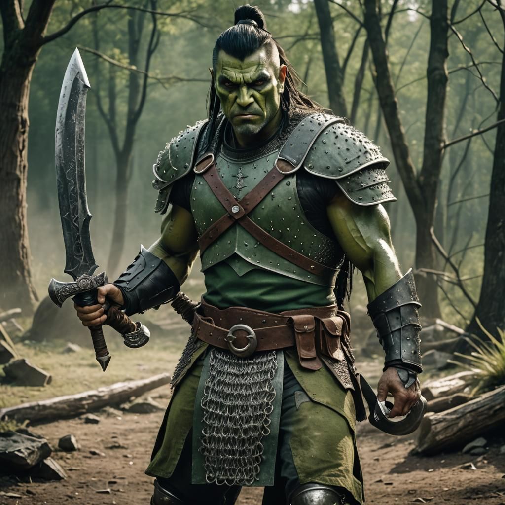 Green Orc Warrior with Axe in Cinematic Style