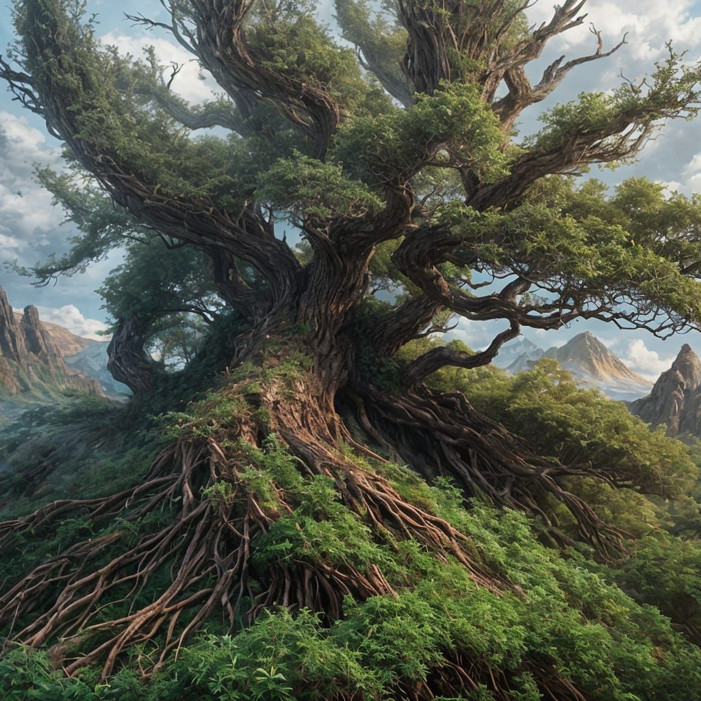 Fantasy Bramble Bush Tree in Hyperdetailed Mountain Setting