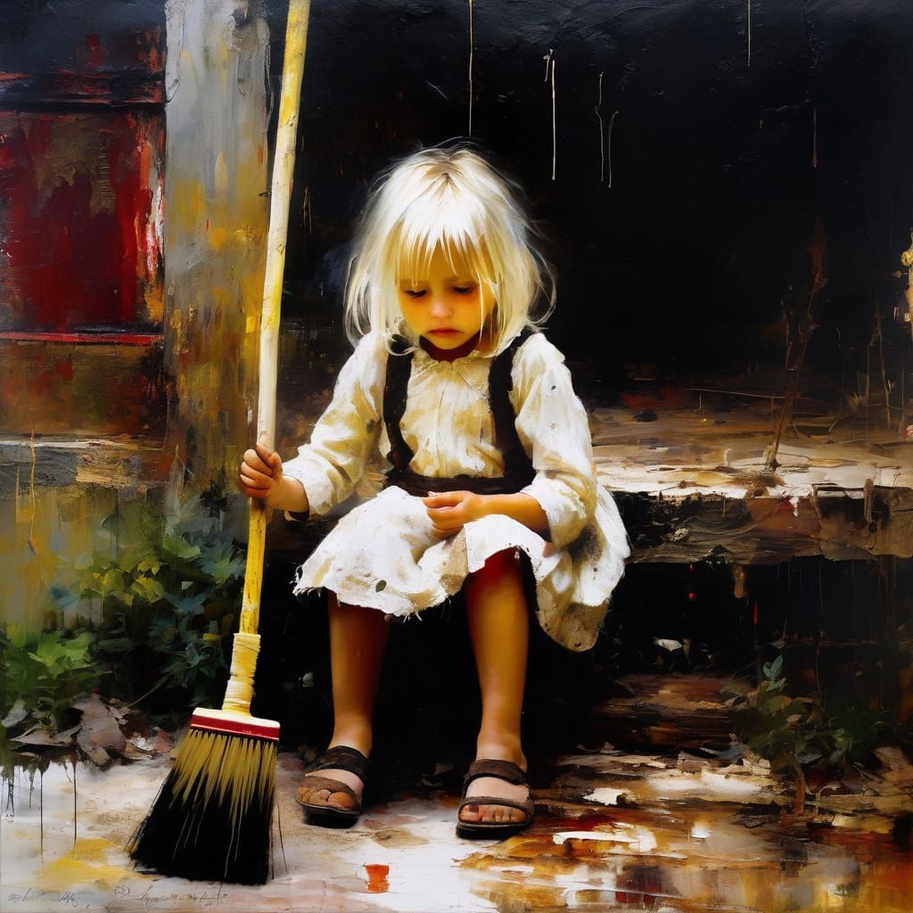 A Young Girl Sweeps a Historic Porch in a Tropical Setting