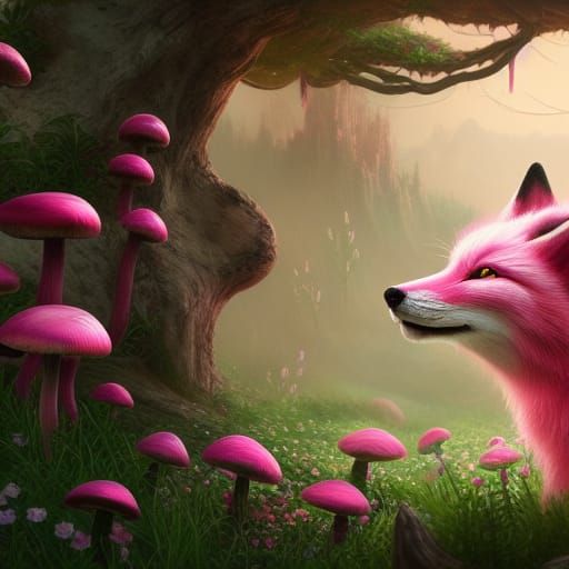 Pink Fox in Enchanted Forest: Fantasy Concept Art