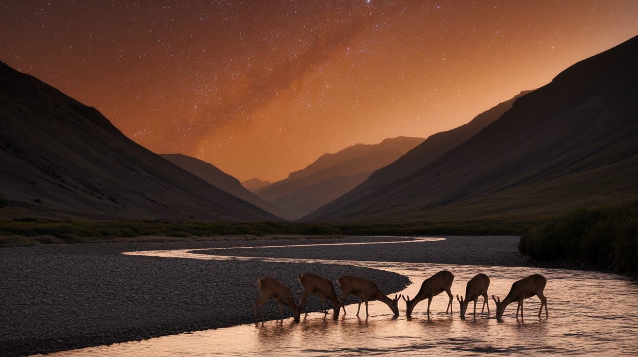 Starry Night Over Mountain Valley with Deer