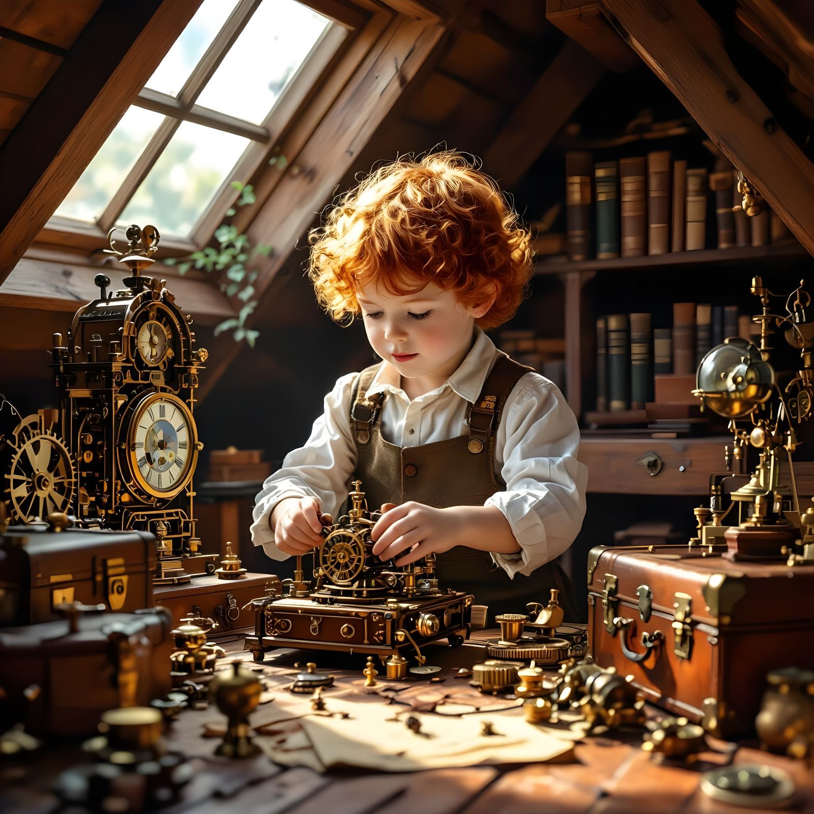 Steampunk Child with Clockwork Toys in Attic