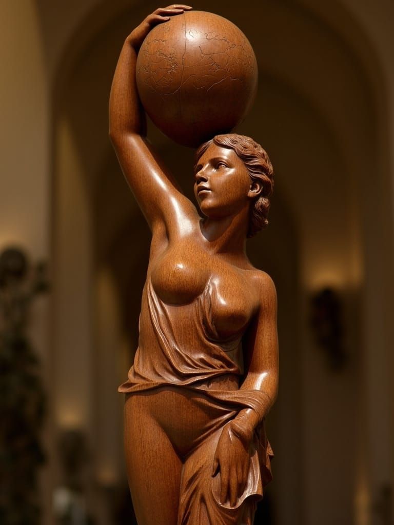 Oak Statuette of Fit Woman Under Globe, Neo-Classical Style