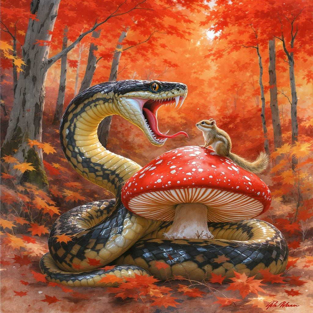 Snake Attacks Chipmunk on Mushroom in Autumn Forest Watercol...