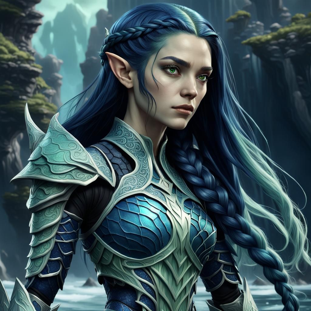 Sea Elf in Dark Blue Armor: Fantasy Art