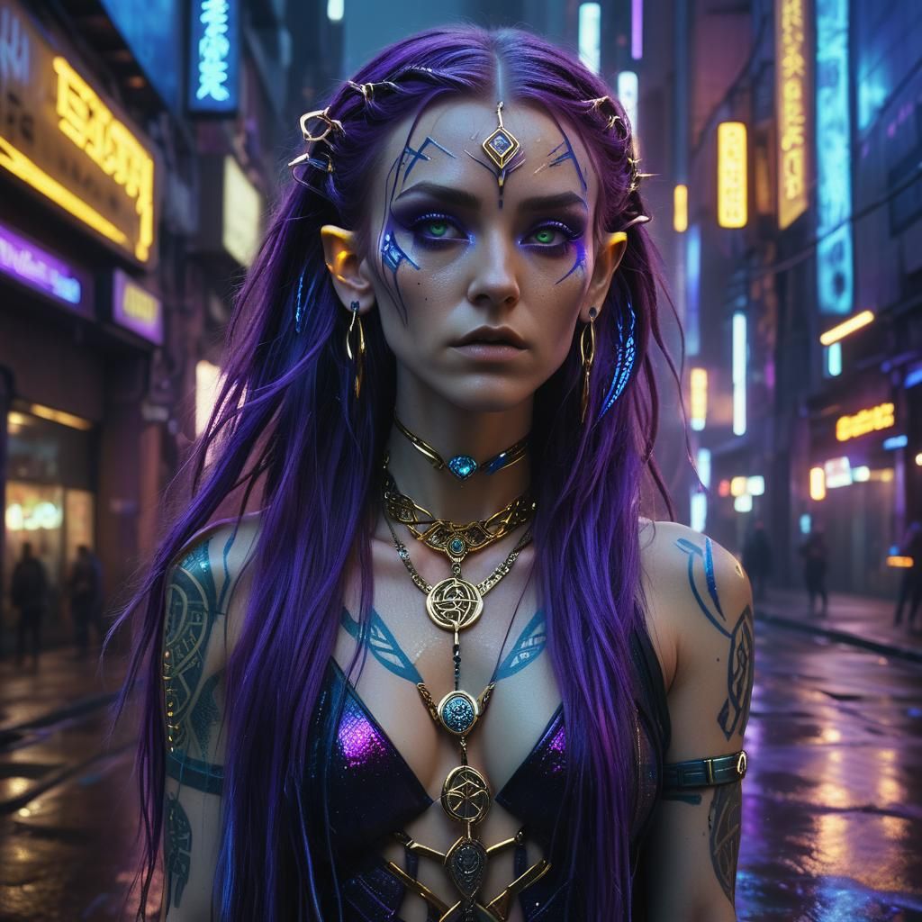 Cyberpunk Elf Woman in Neon Cityscape