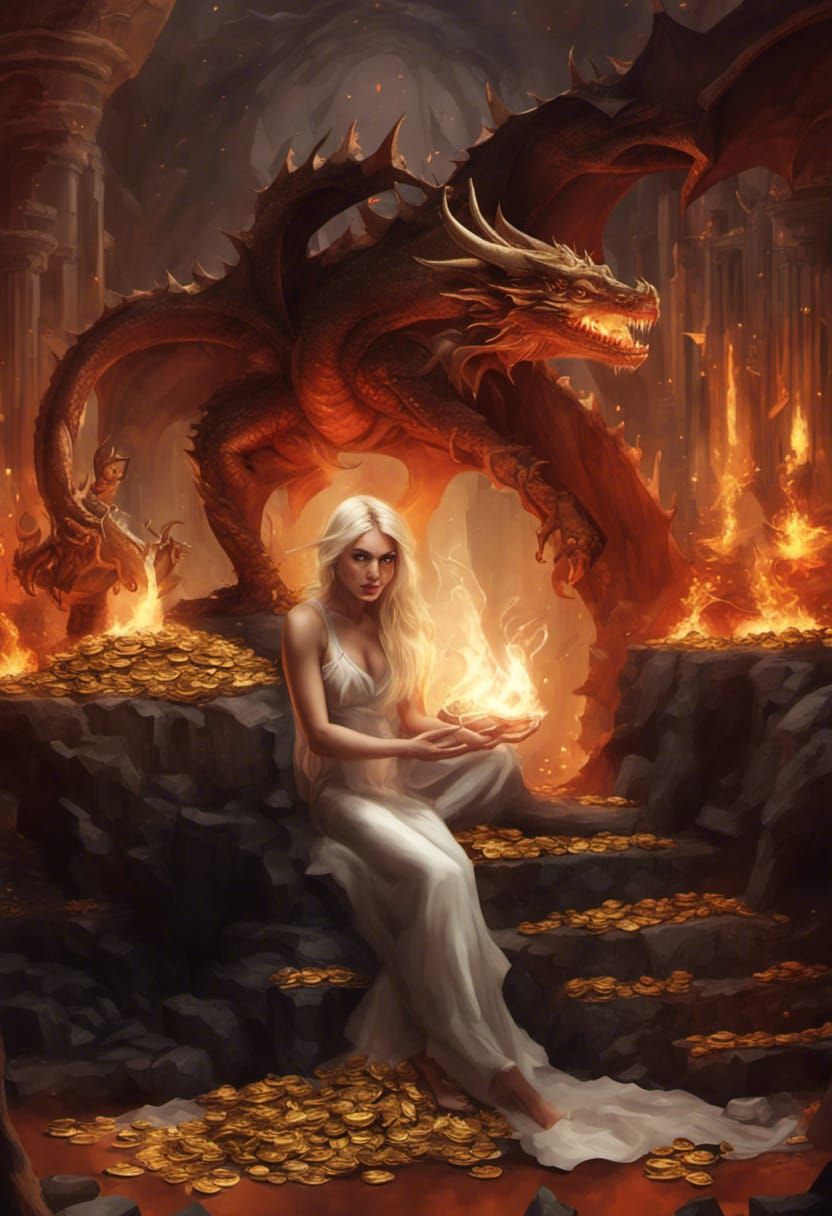 Woman in Dragon's Lair Surrounded by Gold