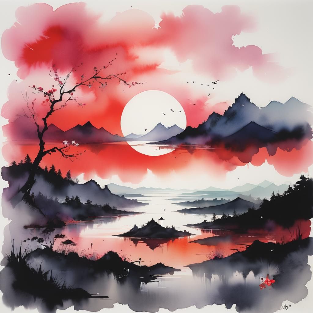 Dreamy Lake Glade at Twilight in Watercolor Style